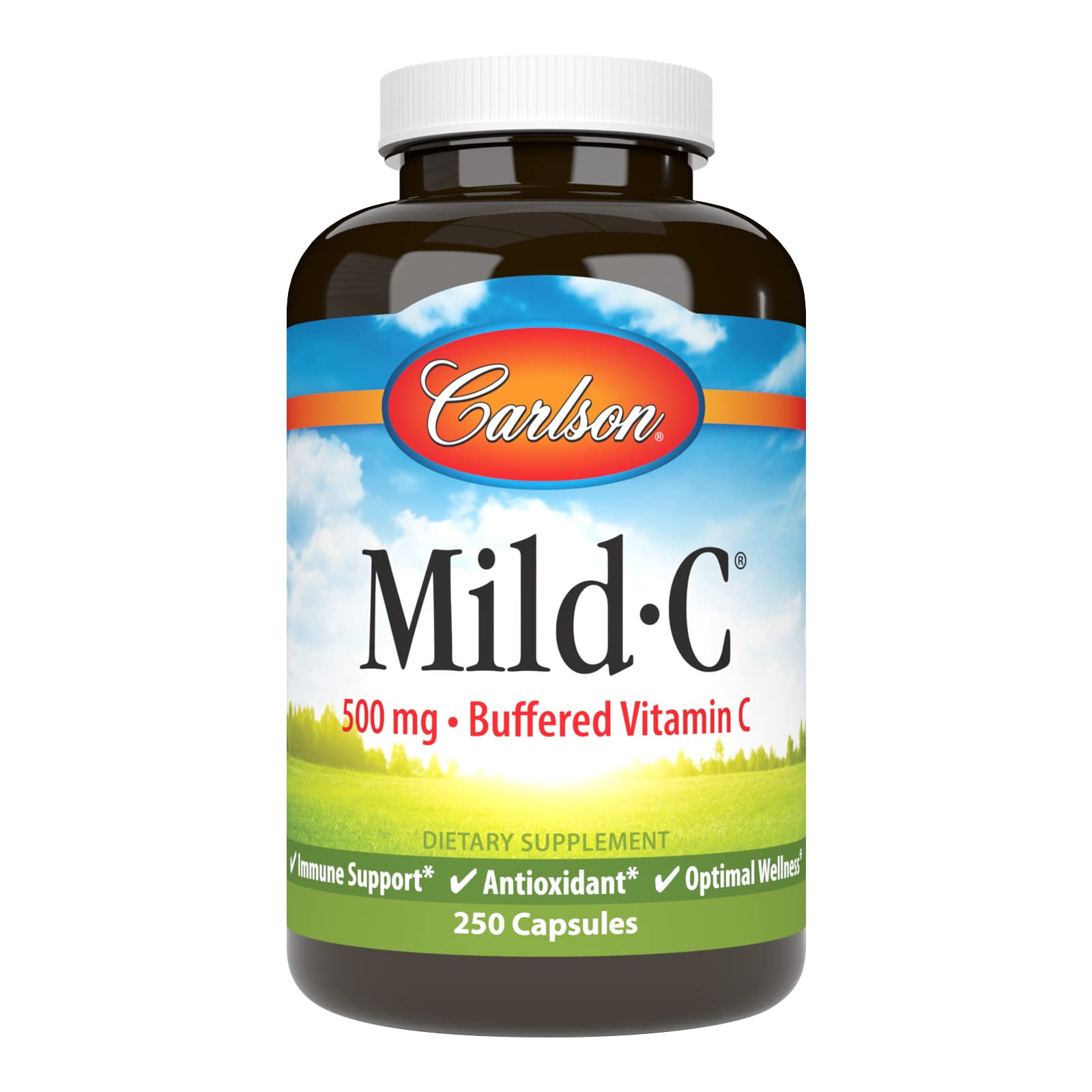 Carlson Mild-C 500 mg bottle with capsules for daily wellness.