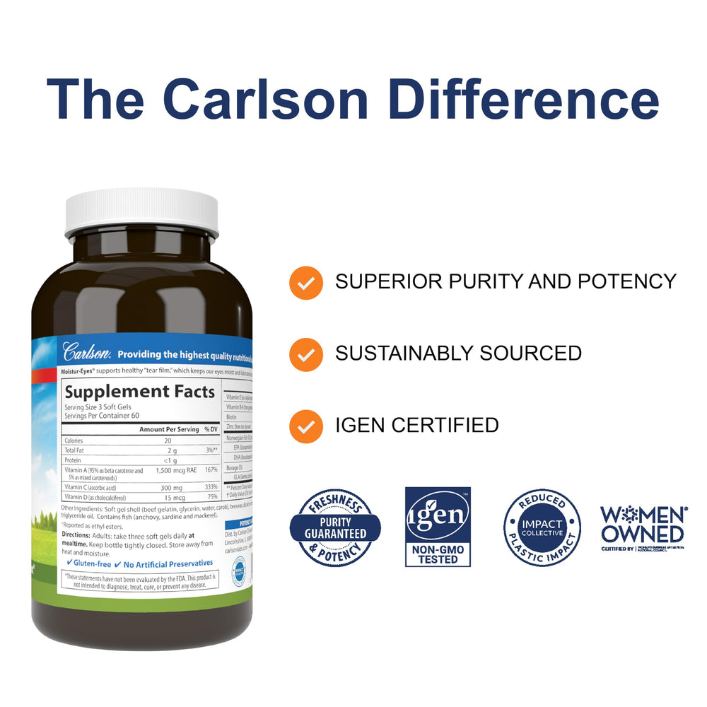 Carlson Moistur-eyes bottle back shows supplement facts for informed use.