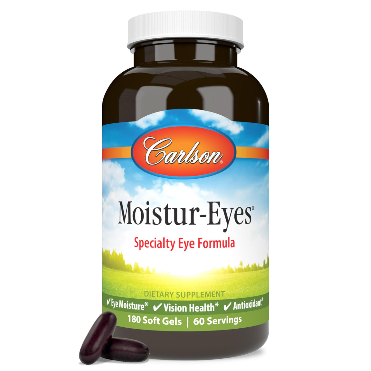 Carlson Moistur-eyes bottle front displays branding for daily eye moisture support.