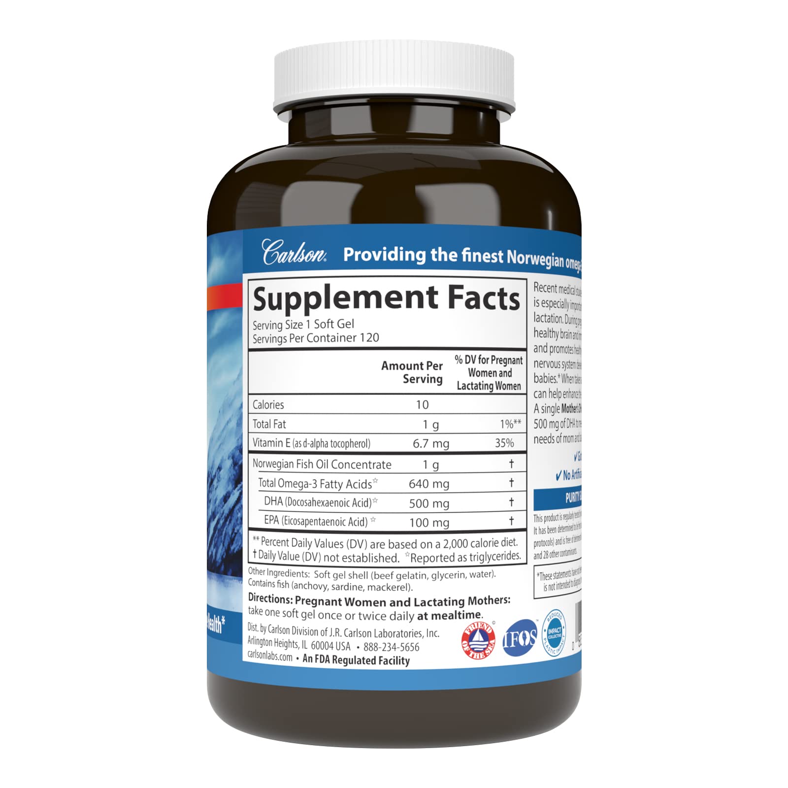 Carlson Mothers DHA softgels close-up highlighting 500 mg DHA
