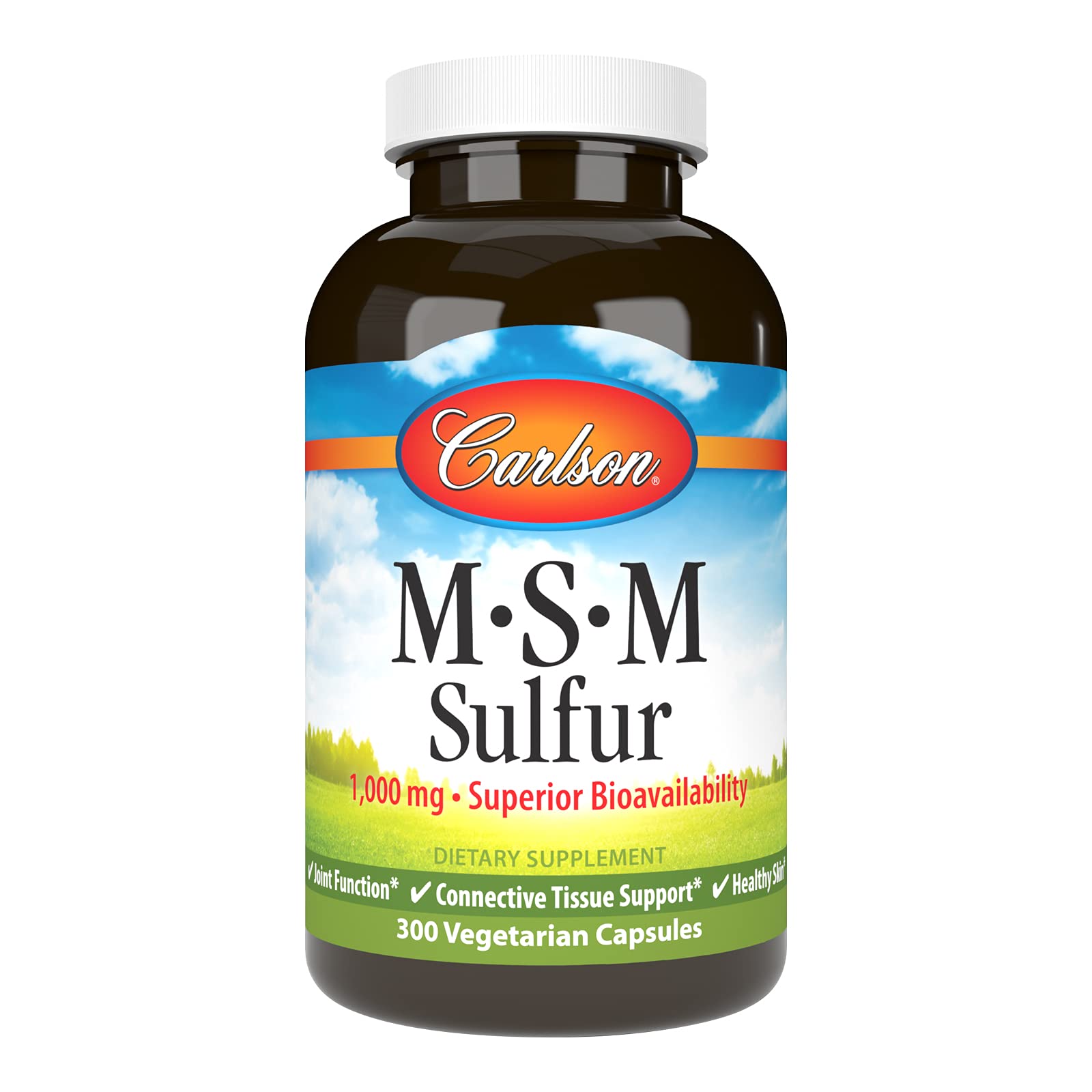 Carlson MSM 1000mg bottle with capsules supporting joint function and healthy skin.