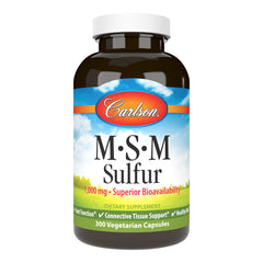 Carlson MSM 1000mg bottle with capsules supporting joint function and healthy skin.