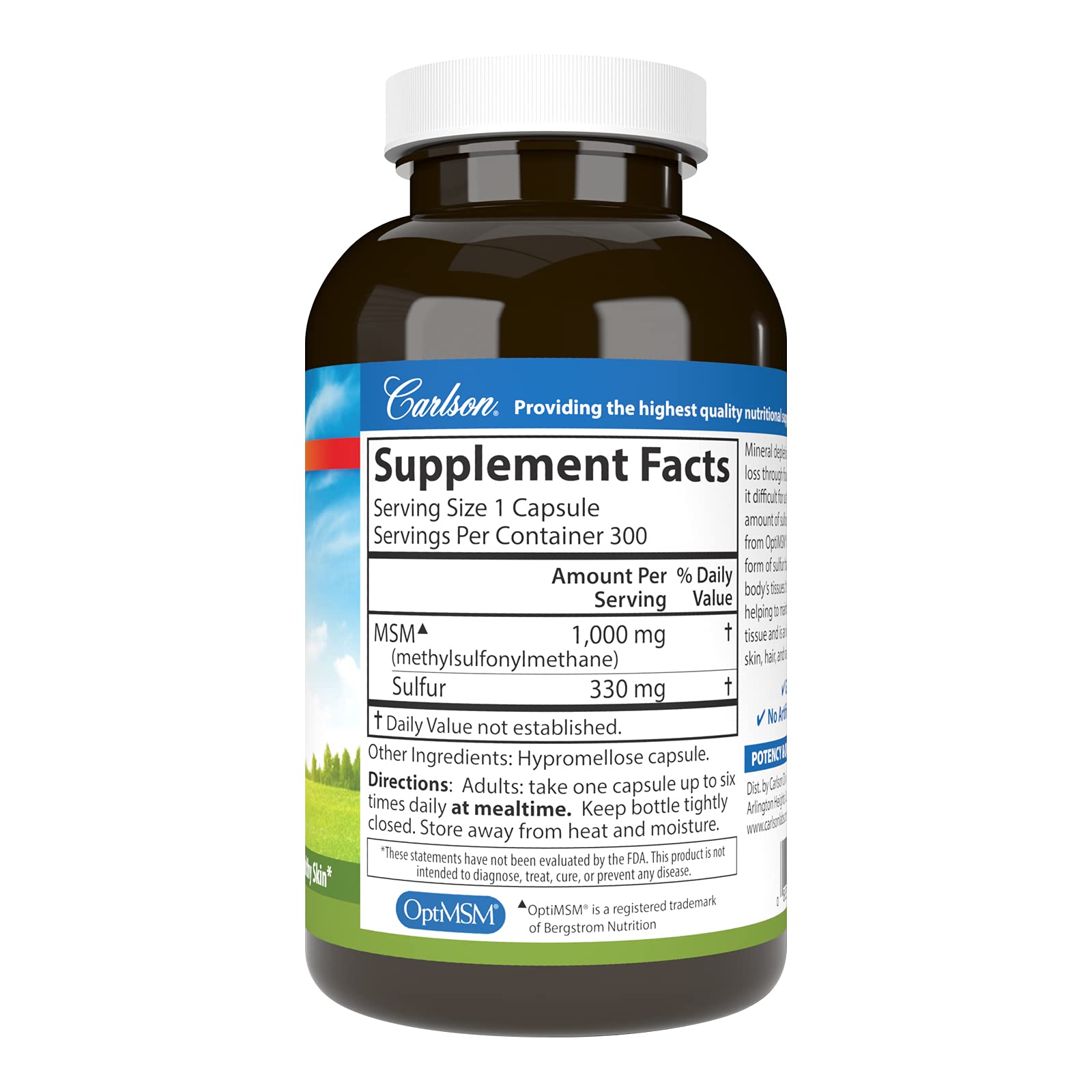 Carlson MSM vegetarian capsules for connective tissue support and bioavailability.