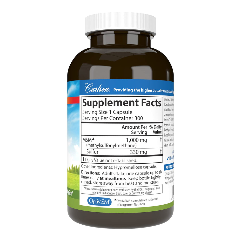 Carlson MSM vegetarian capsules for connective tissue support and bioavailability.