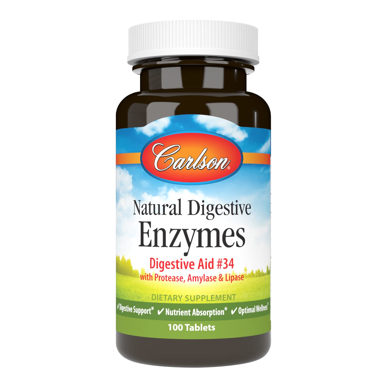 Carlson Digestive Enzymes 34 bottle with label, convenient daily support.