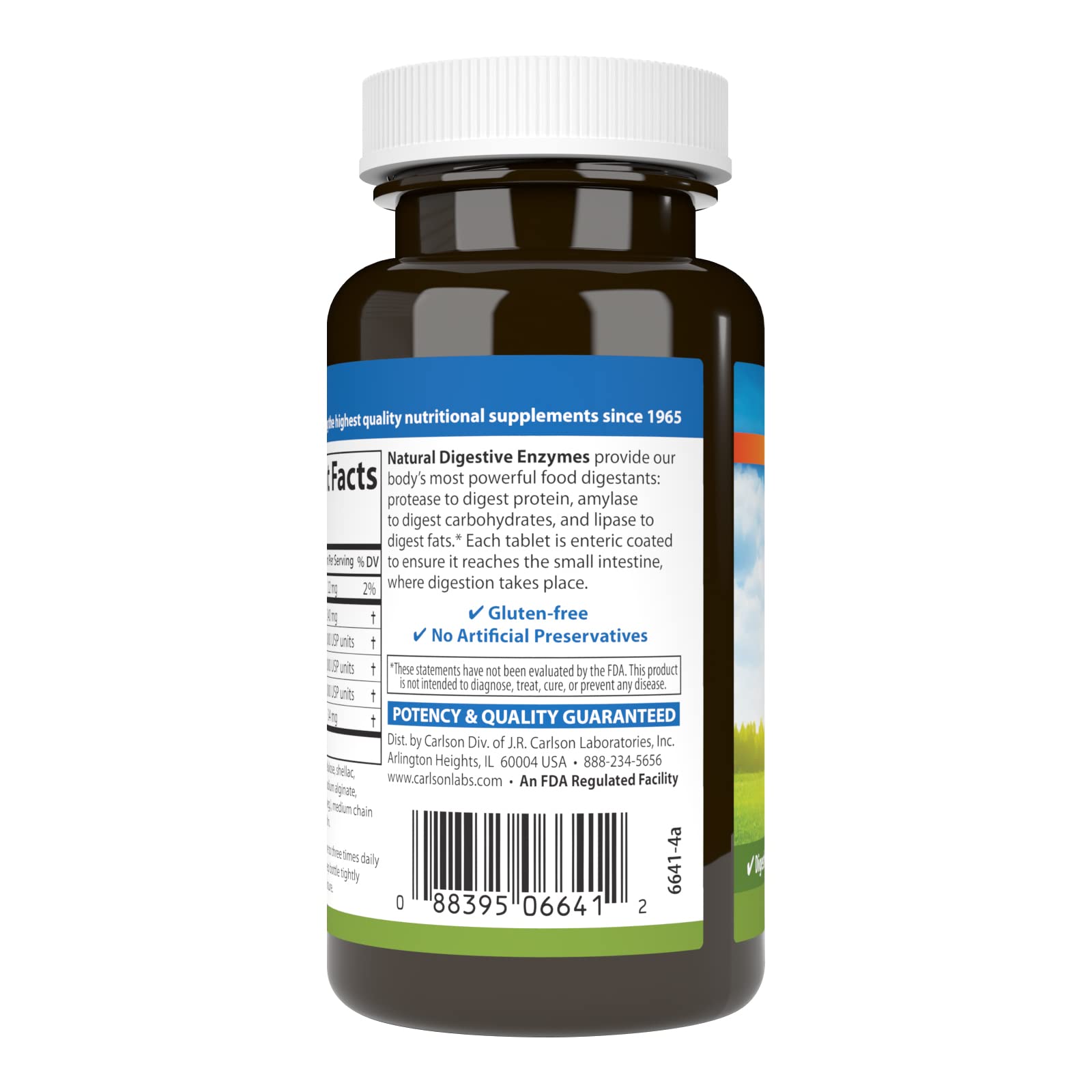 Carlson packaging highlights potency guarantee and product details for digestive support.