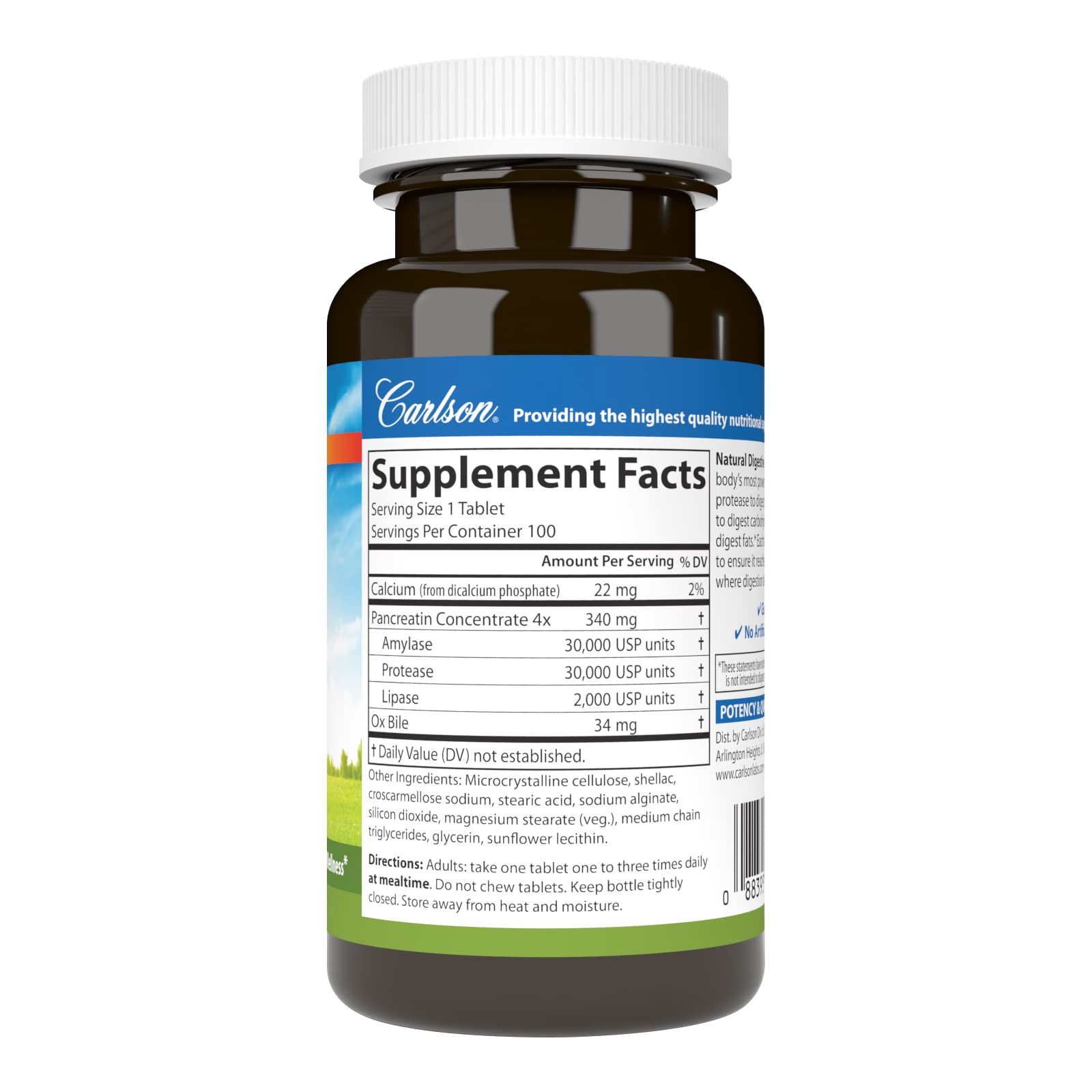 Close-up of Carlson Digestive Enzymes tablets showing coating for digestion.