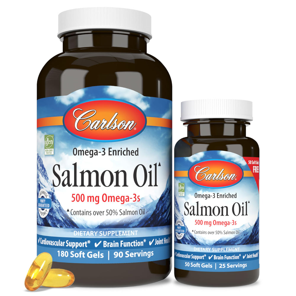 Carlson Norwegian Salmon Oil bottle with 500 mg omega-3, showing potency for daily intake