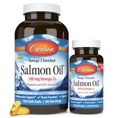 Carlson Norwegian Salmon Oil bottle with 500 mg omega-3, showing potency for daily intake