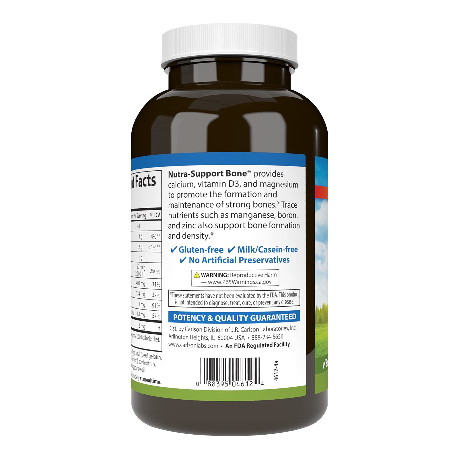 Carlson Nutra-Support Bone bottle dispense demonstrates convenient daily use.