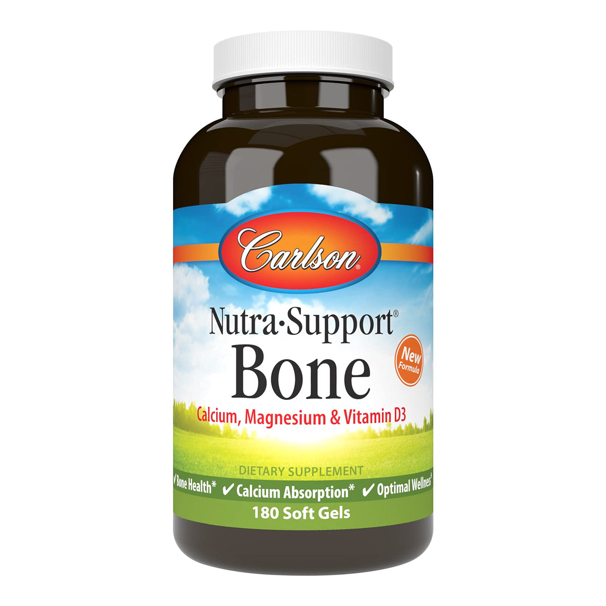 Carlson Nutra-Support Bone bottle front shows calcium-rich formula for bone health.