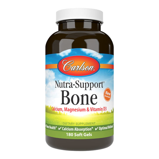 Carlson Nutra-Support Bone bottle front shows calcium-rich formula for bone health.