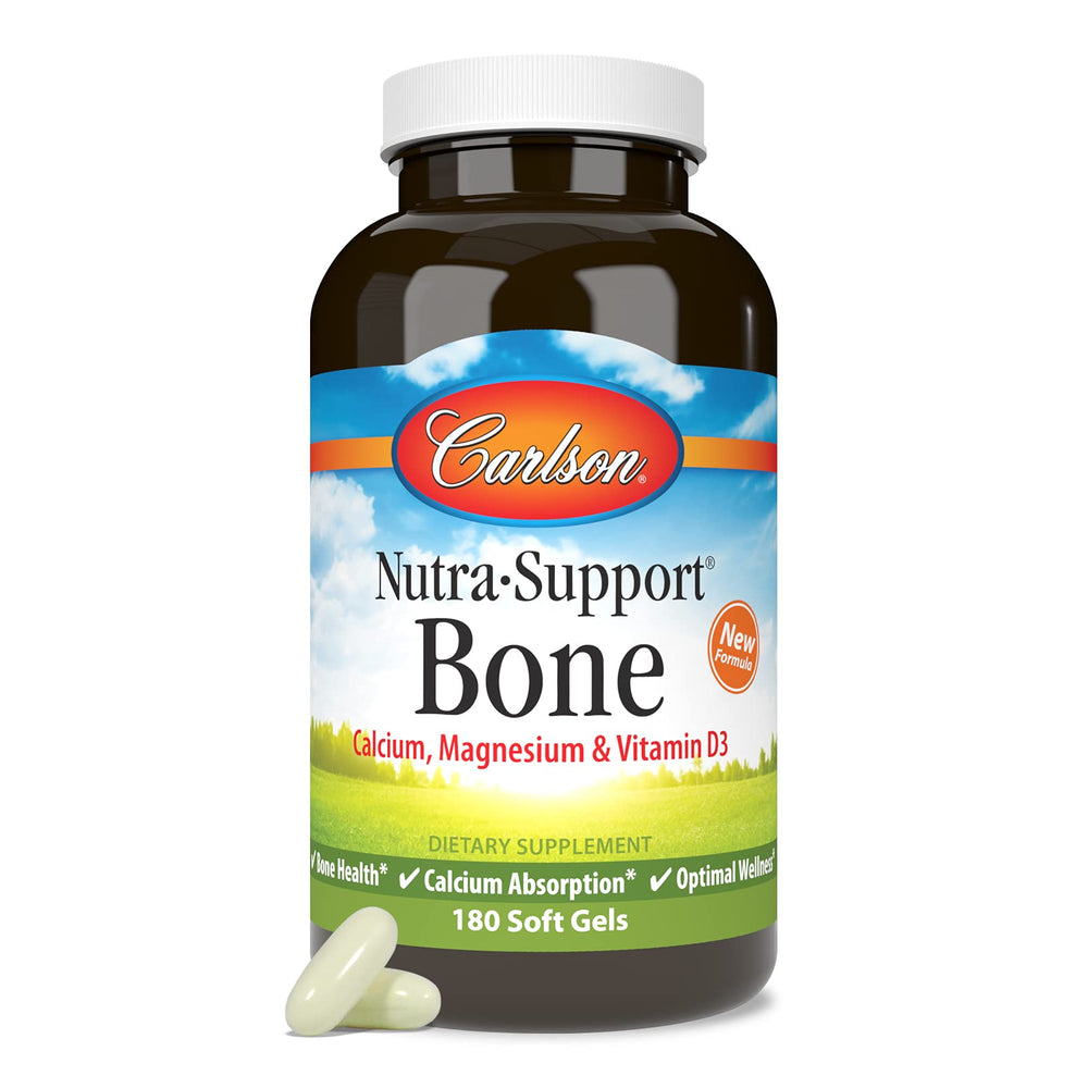 Carlson Nutra-Support Bone pills beside water emphasize daily routine.