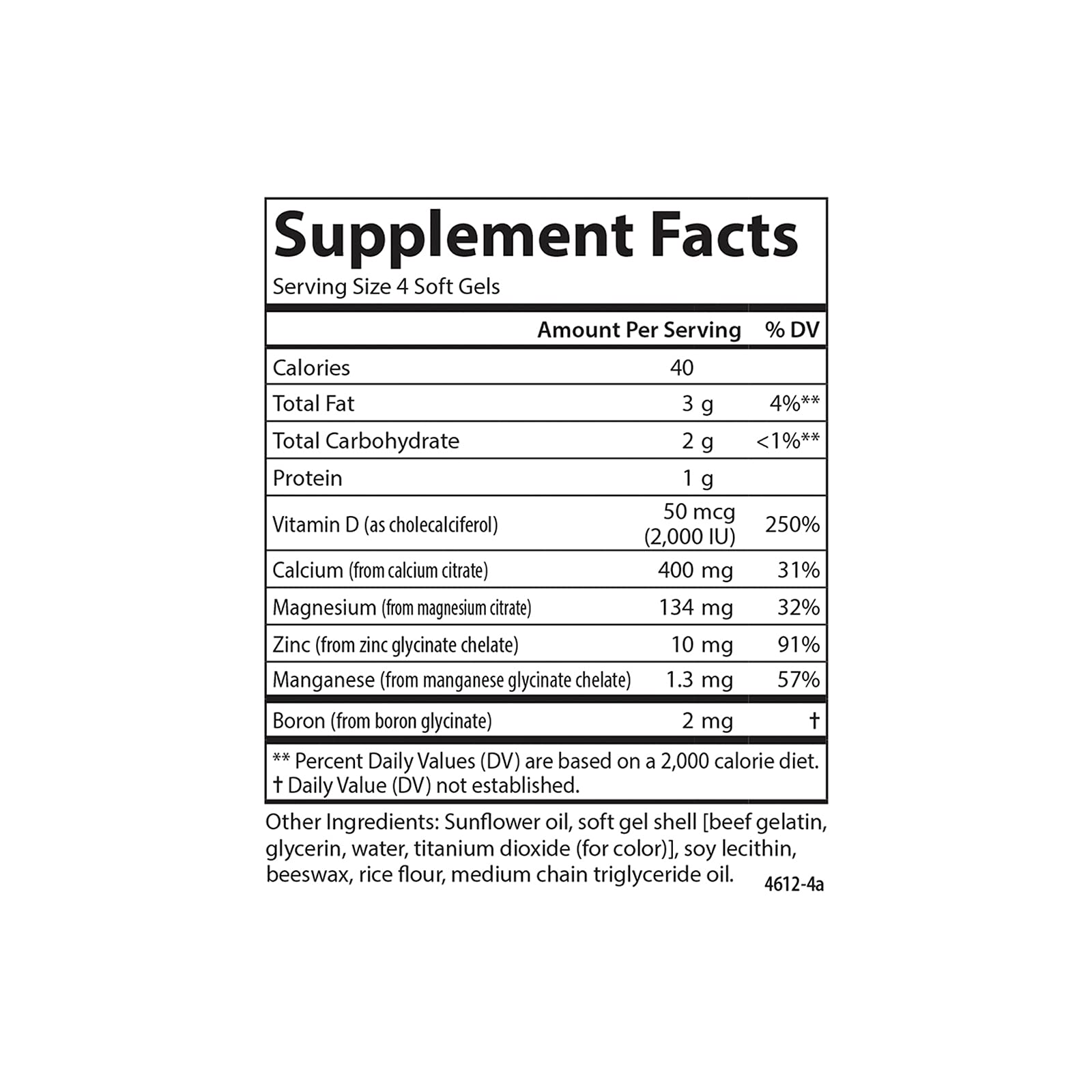 Carlson Nutra-Support Bone ingredients label shows magnesium, manganese, and boron.