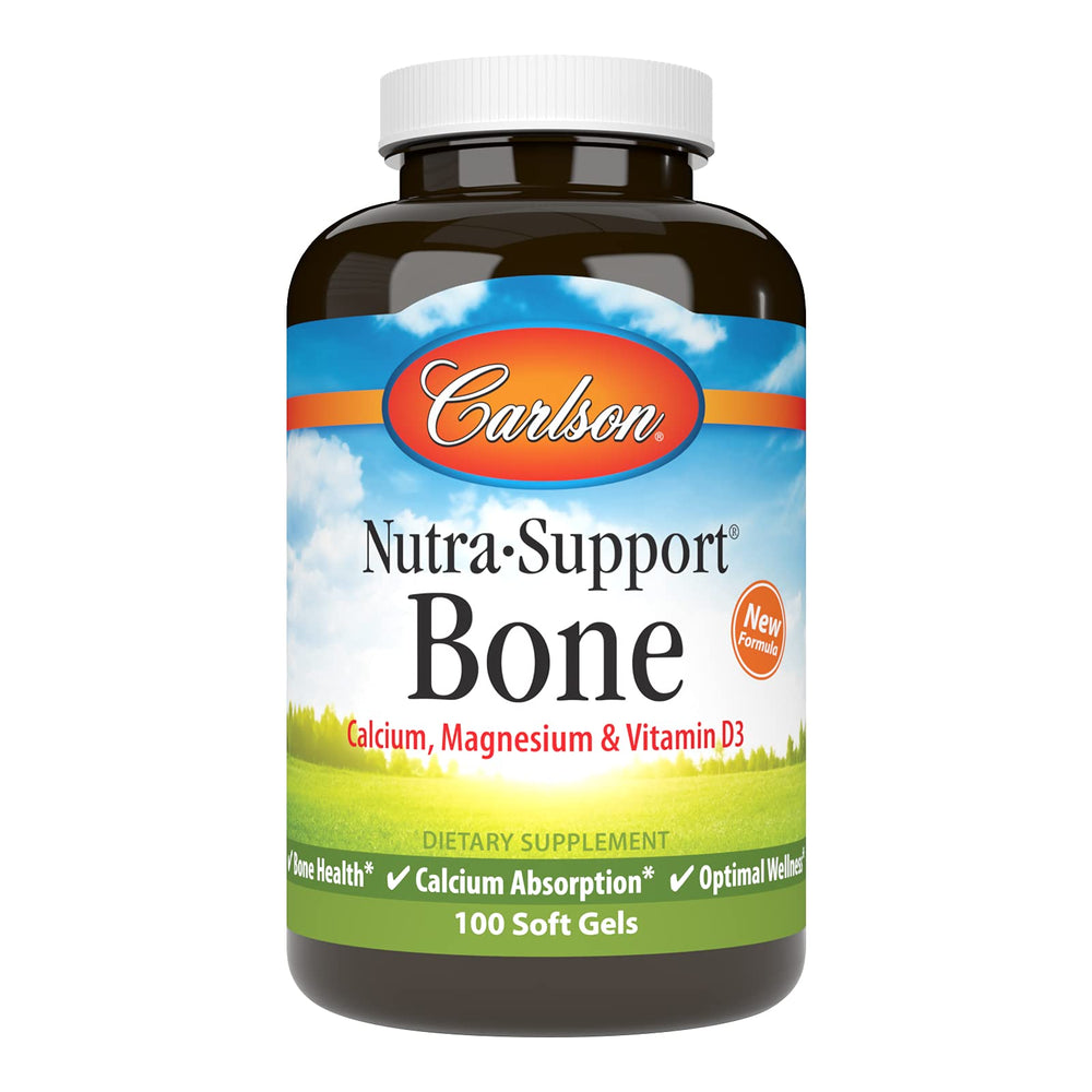 Carlson Nutra-Support bone softgels bottle showing calcium support for healthy bones
