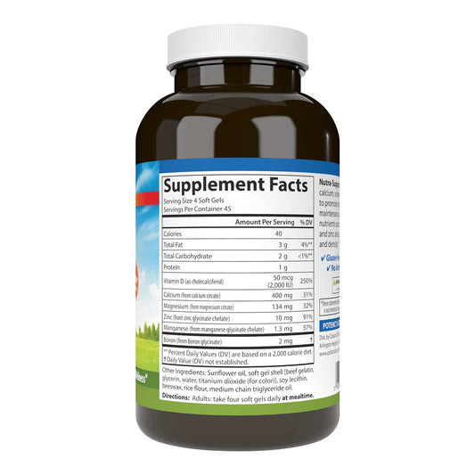 Carlson Nutra-Support Bone softgels closeup highlights easy-to-swallow capsules.