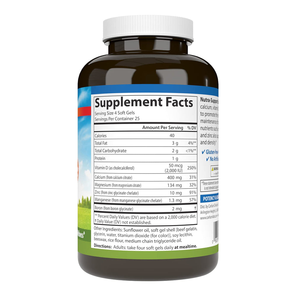 Carlson Nutra-Support bone softgels closeup highlights label and vitamin D3 for absorption