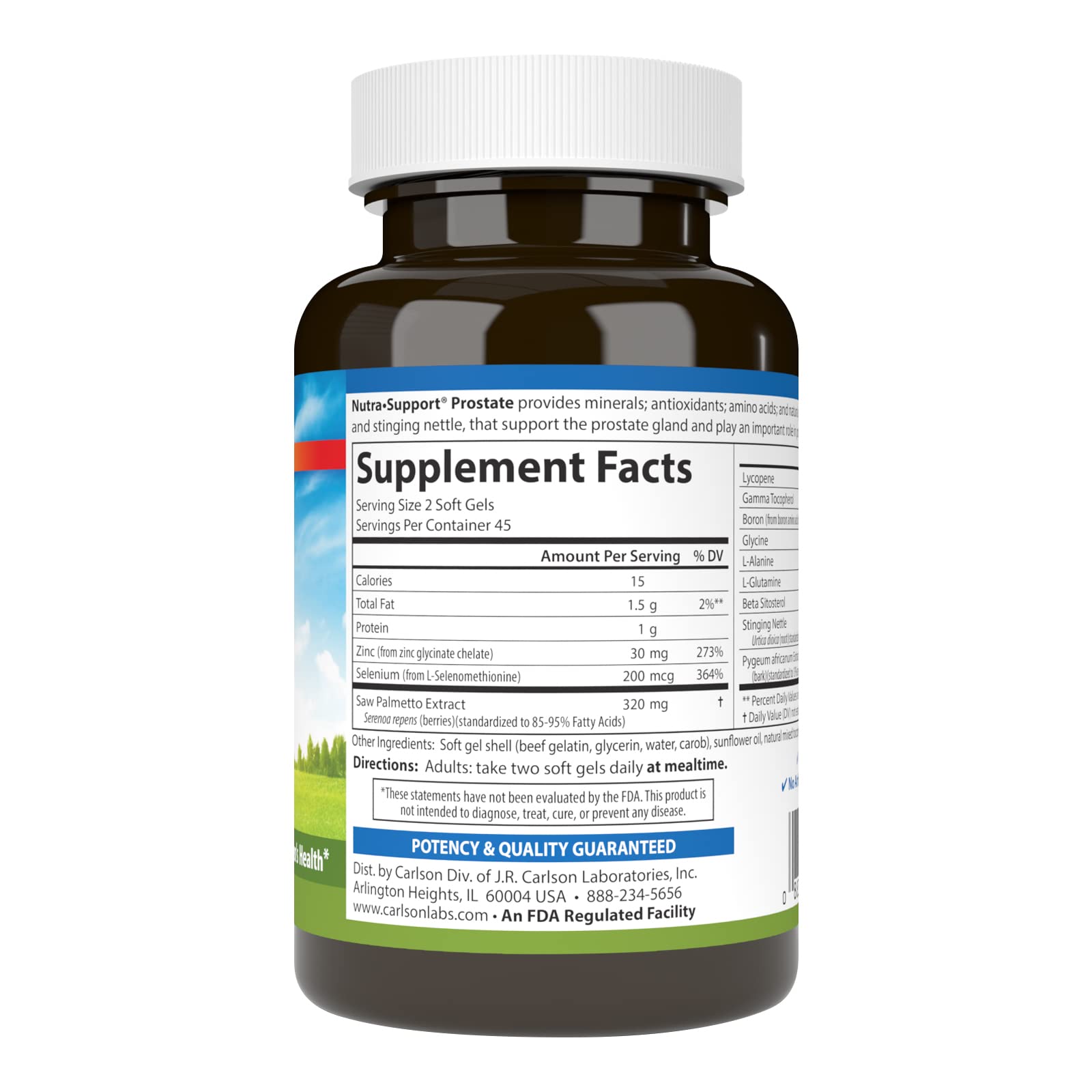 Carlson Nutra-Support Prostate bottle side showing supplement facts