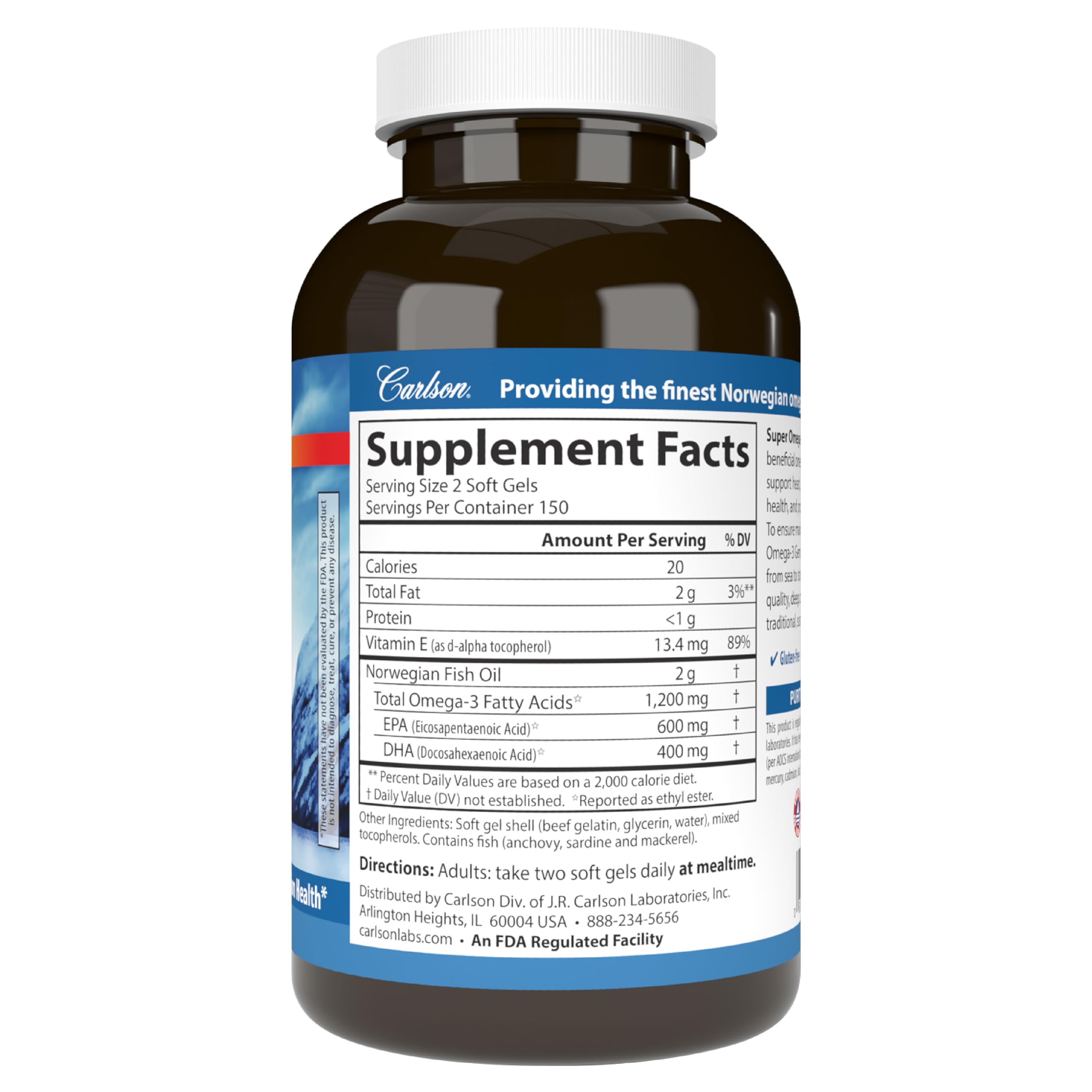 Carlson Omega-3 Gems bottle and capsules for daily intake