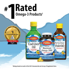Carlson Omega-3 softgels dispensed from bottle for daily use