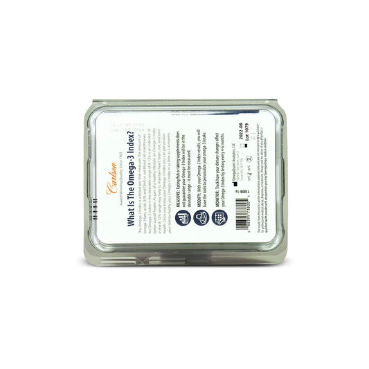 Carlson Omega-3 Test Kit finger-prick sample illustrates quick blood drop collection.