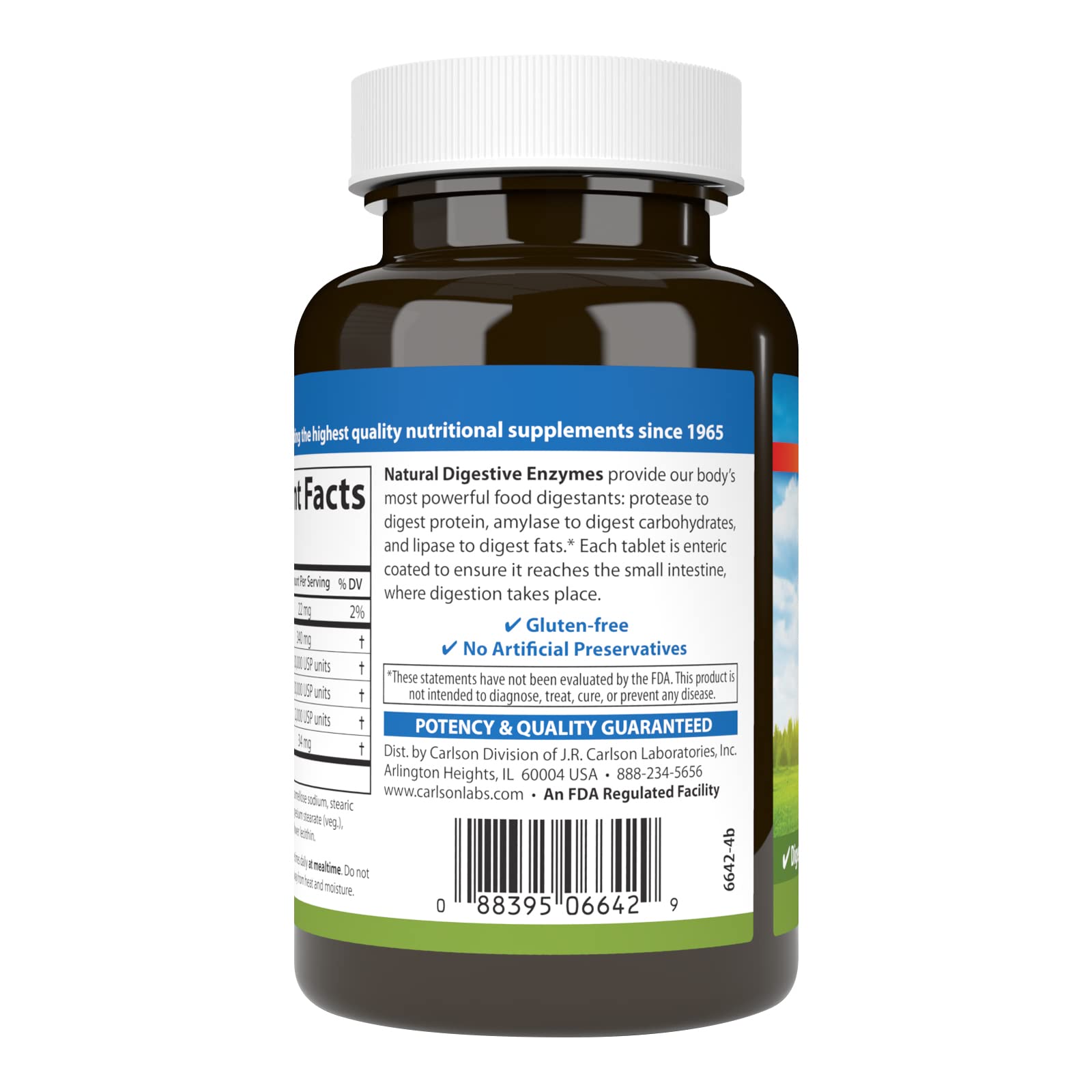 Carlson protease amylase lipase capsules highlight enzymes for fats, proteins, and carbohydrates.