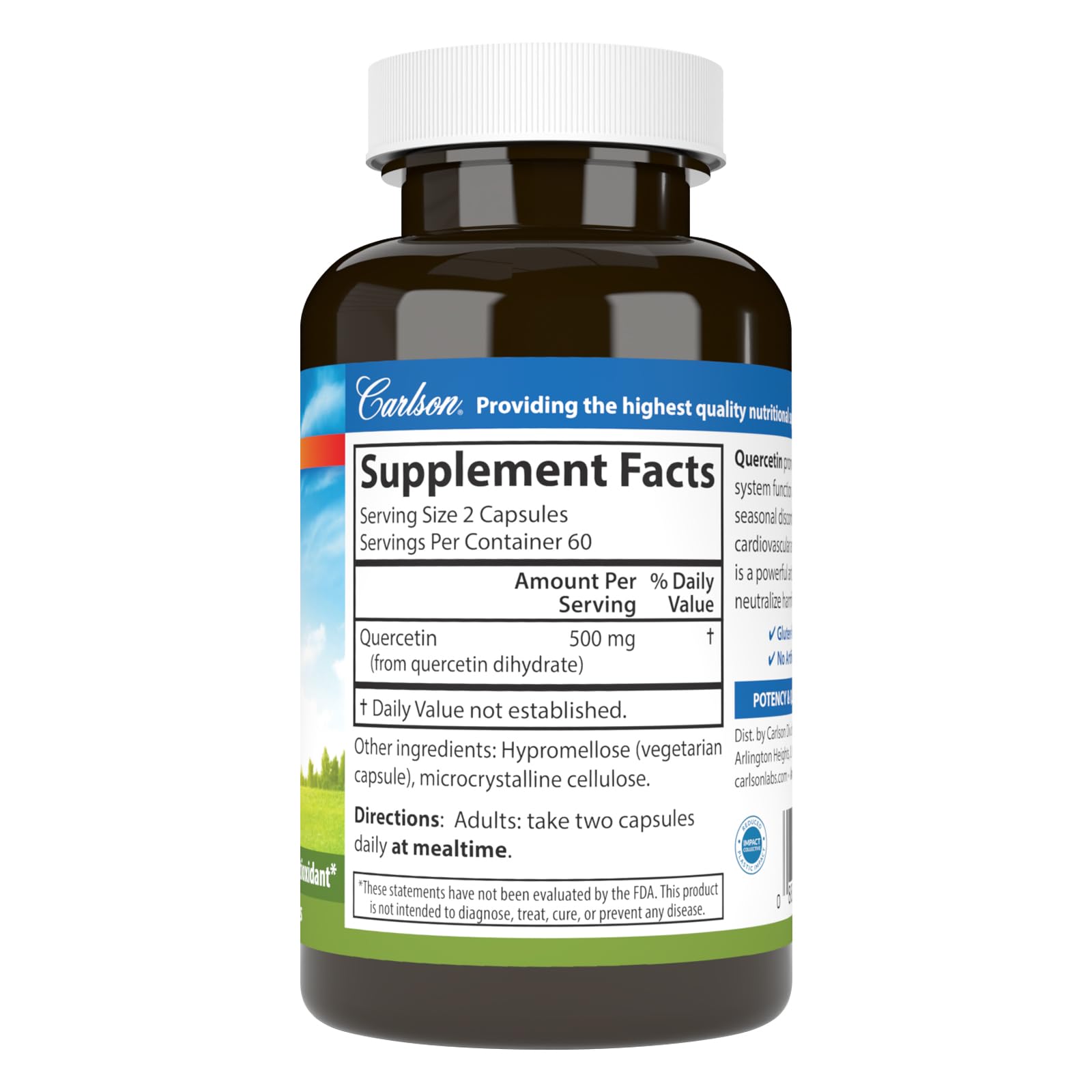 Carlson Quercetin capsules showing 500 mg per serving for daily balance