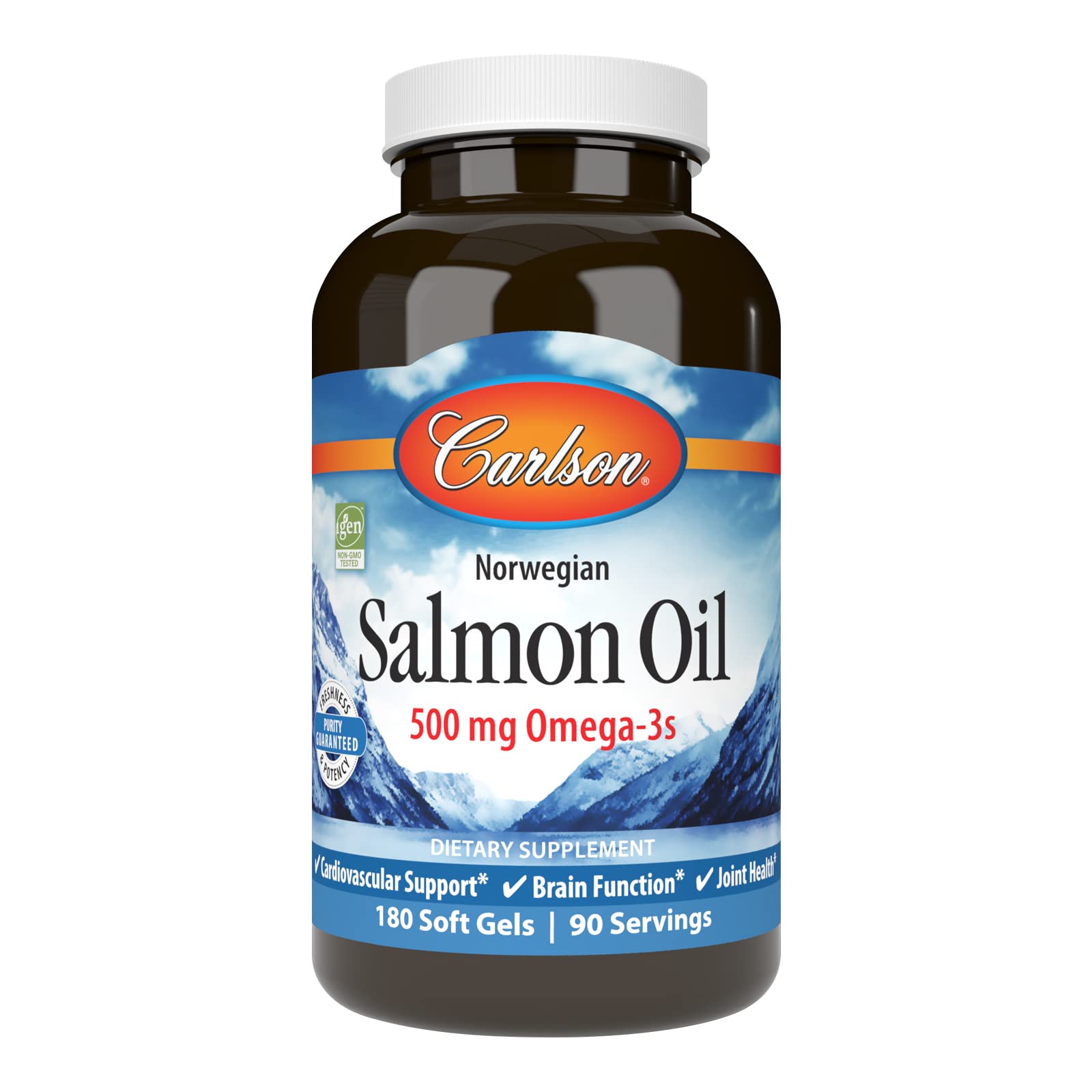 Carlson Salmon Oil bottle front view supporting daily omega-3 intake