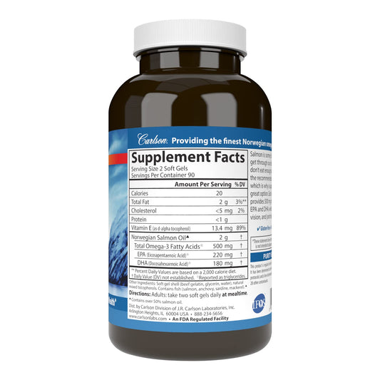 Carlson Salmon Oil softgels closeup showing capsules and freshness