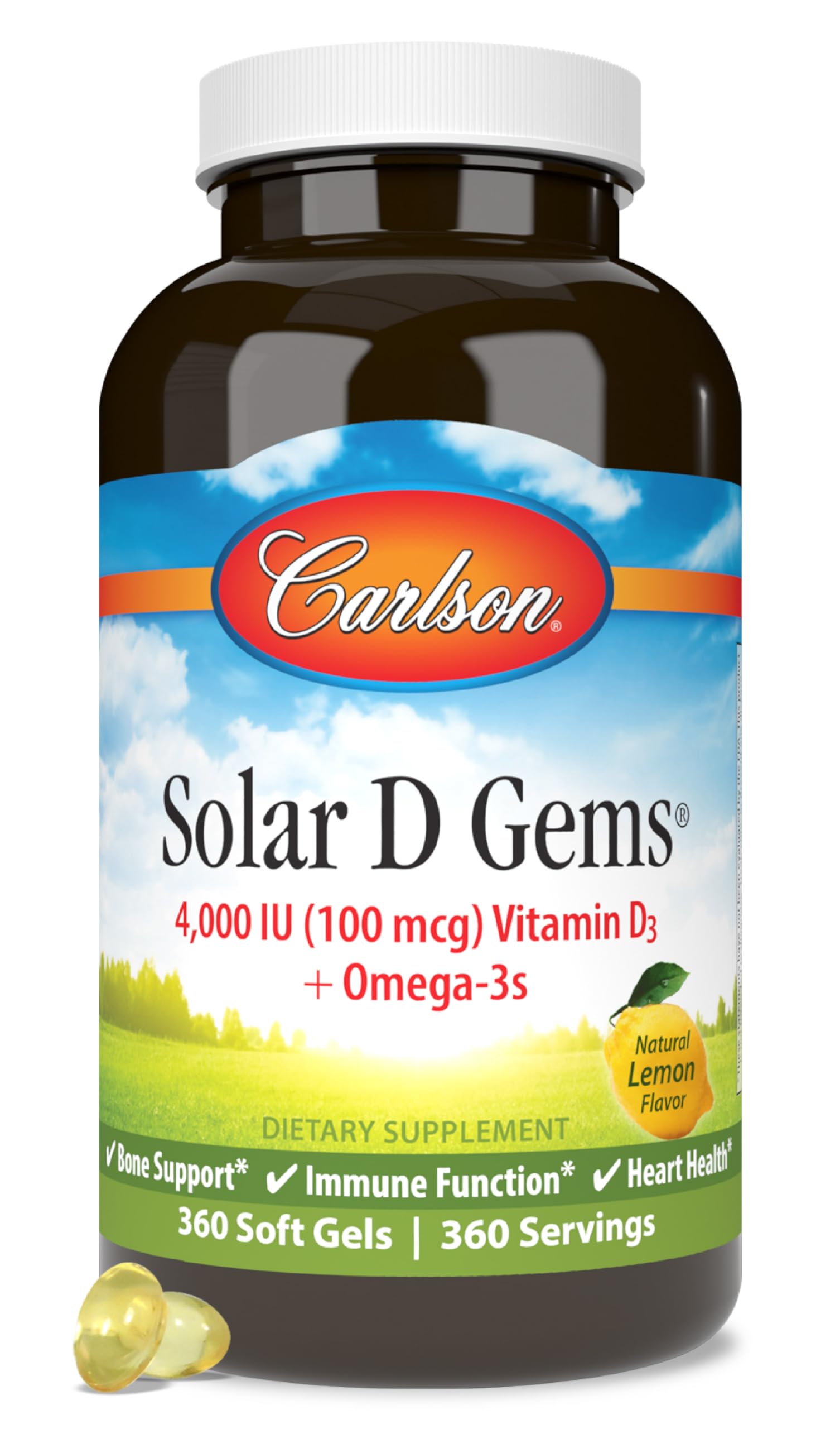 Carlson Solar D Gems bottle with D3 and Omega-3s supports bone health and daily wellness.