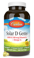 Carlson Solar D Gems bottle with D3 and Omega-3s supports bone health and daily wellness.