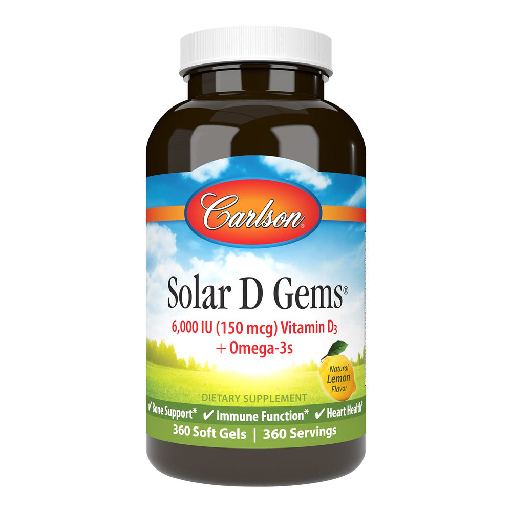 Carlson Solar D Gems bottle with lemon softgels for daily D3 and omega-3 support