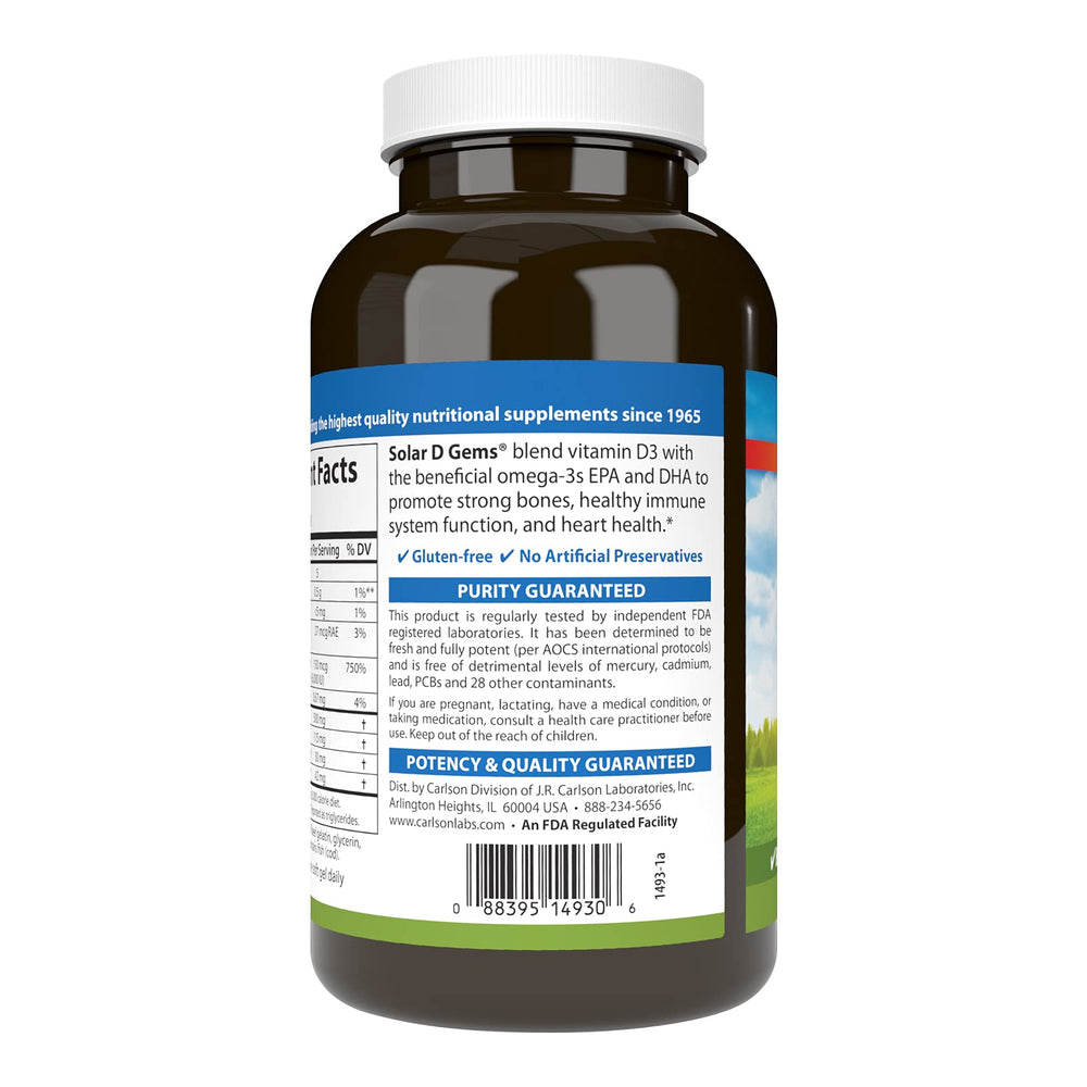 Carlson Solar D Gems label highlights 6000 IU D3 and 115 mg omega-3s