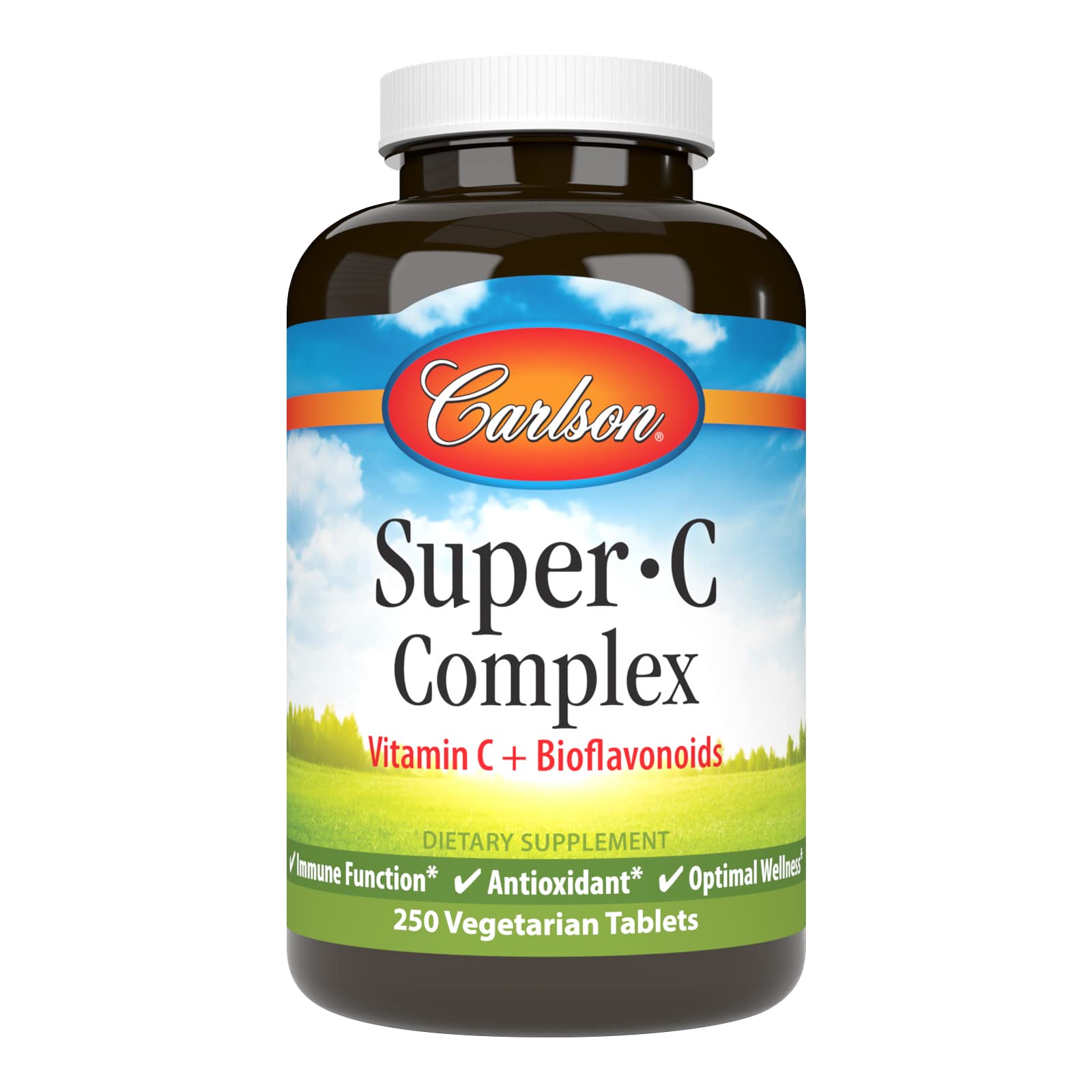 Carlson Super-C Complex bottle front highlighting vitamin C with citrus bioflavonoids for immune support