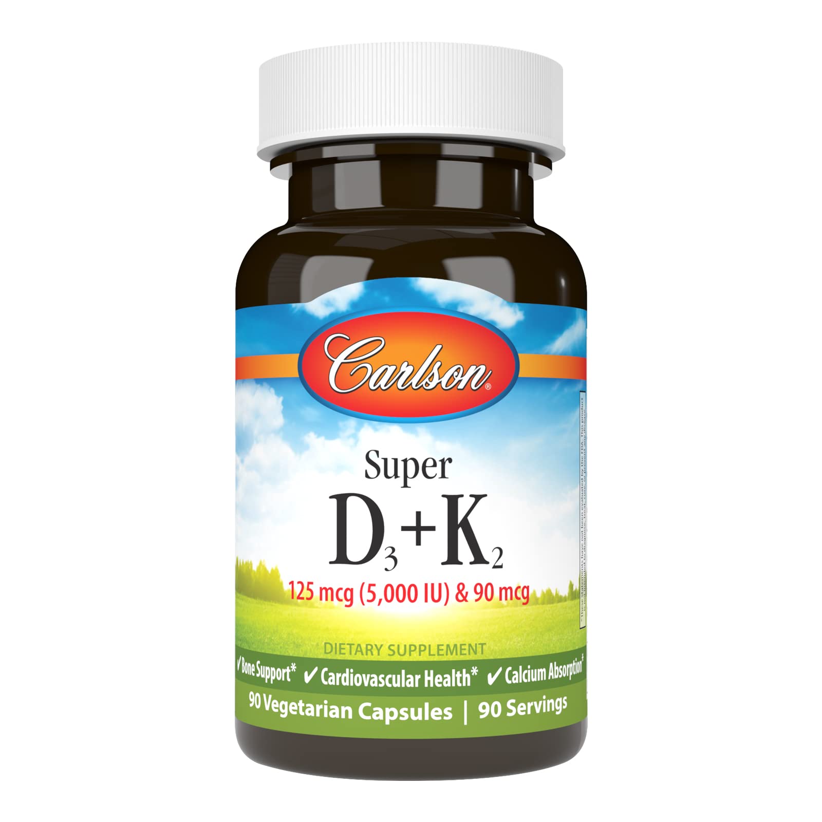Carlson Super D3 + K2 bottle close-up shows potency for bone support.