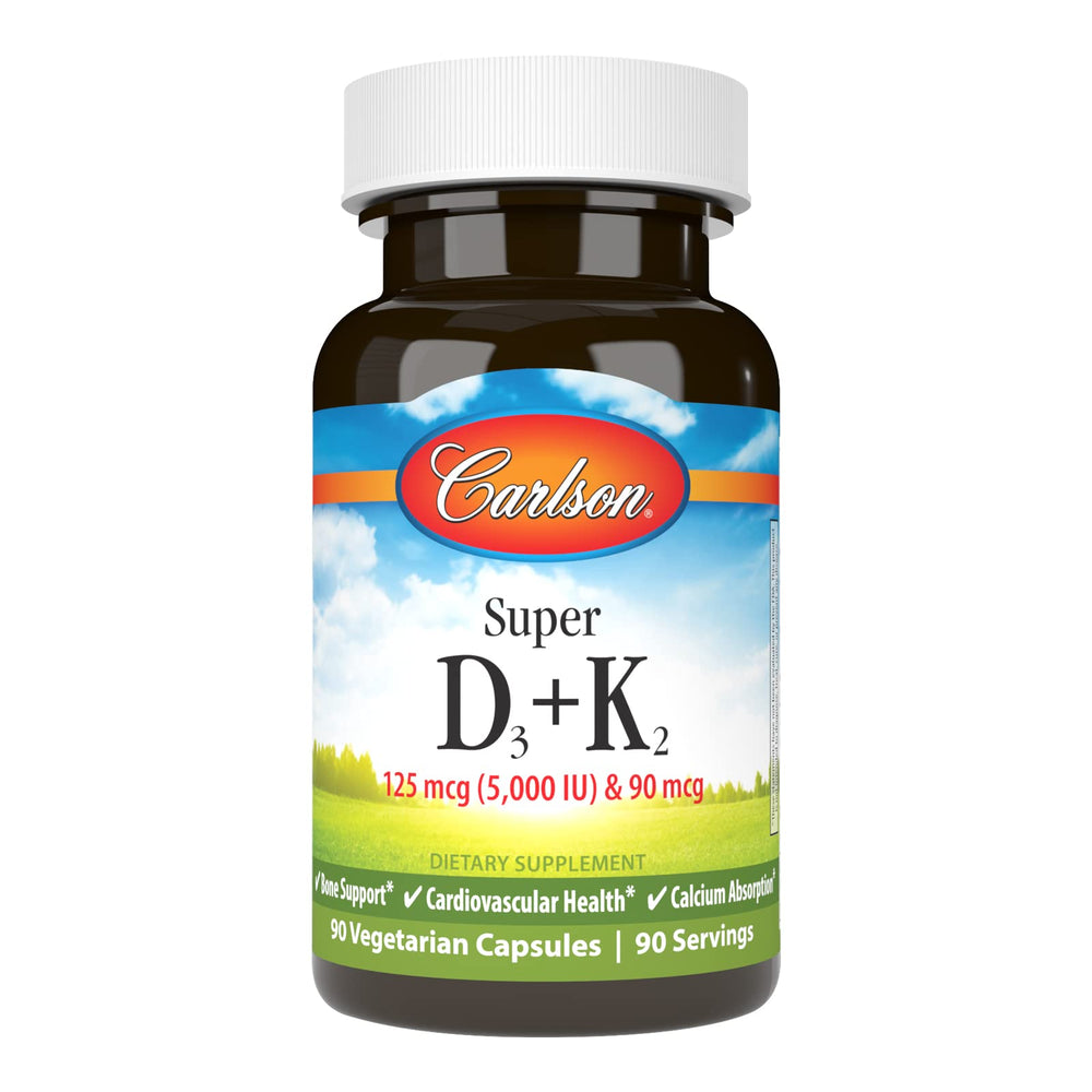 Carlson Super D3 + K2 bottle close-up shows potency for bone support.