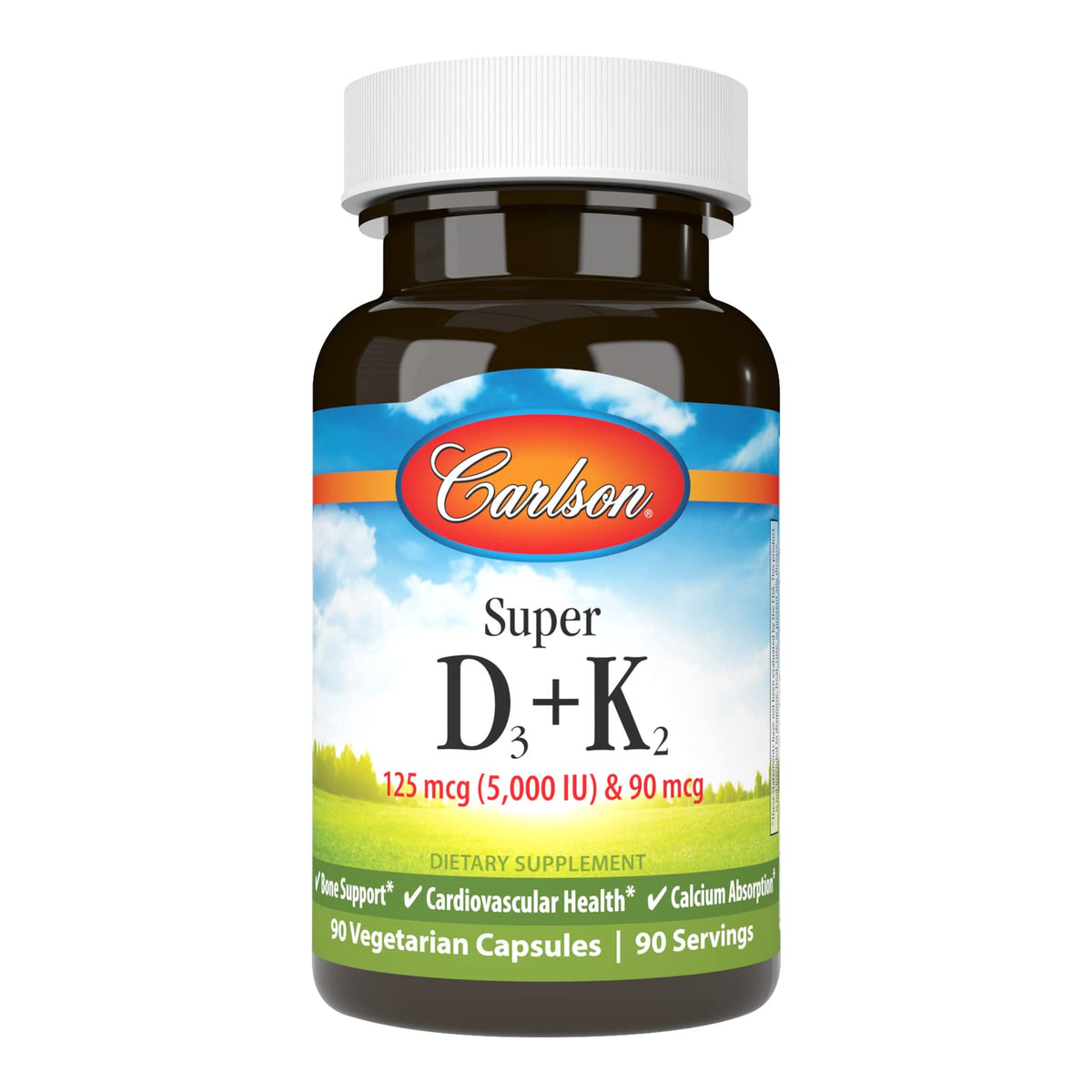 Carlson Super D3 + K2 bottle close-up shows potency for bone support.