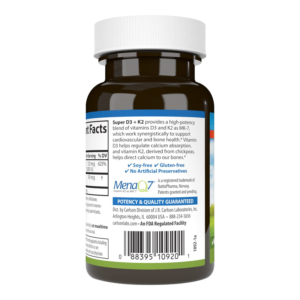 Carlson Super D3 + K2 dosage label detail highlights D3 and K2 amounts for informed choices.