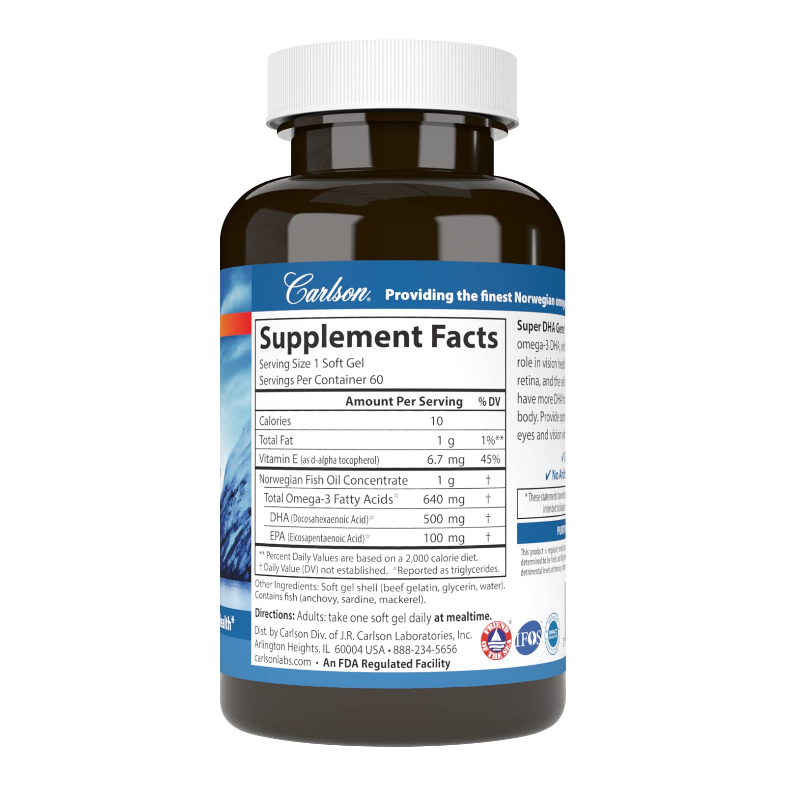 Carlson Super DHA Gems bottle back with IFOS and non-GMO certifications