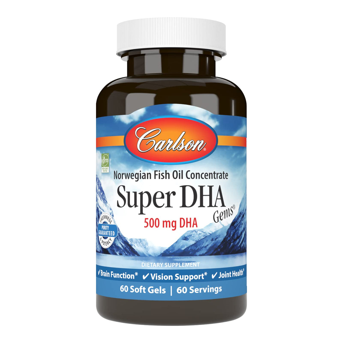 Carlson Super DHA Gems bottle front highlighting daily wellness benefits