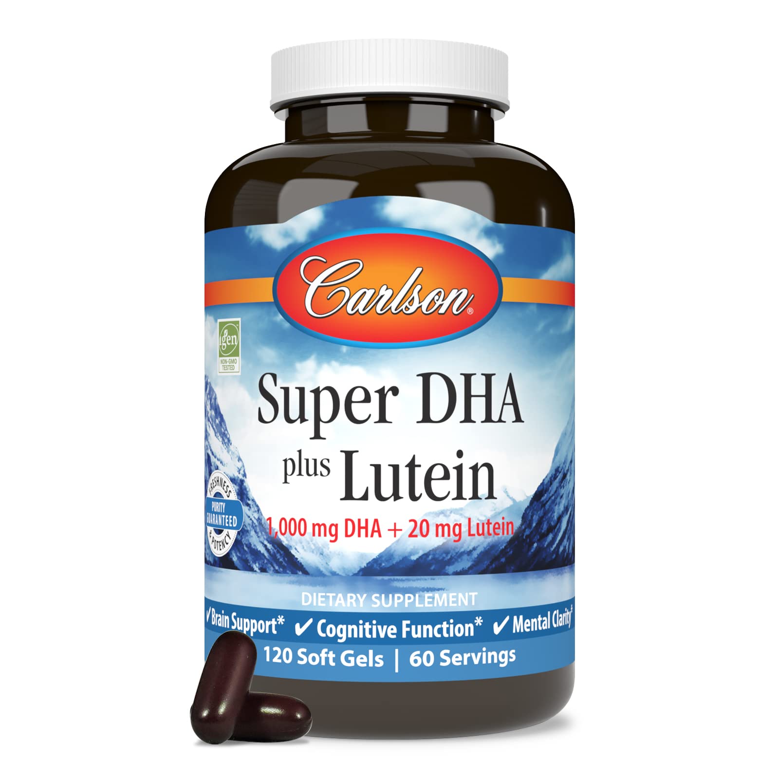 Spine label of Carlson bottle showing 120 softgels count.