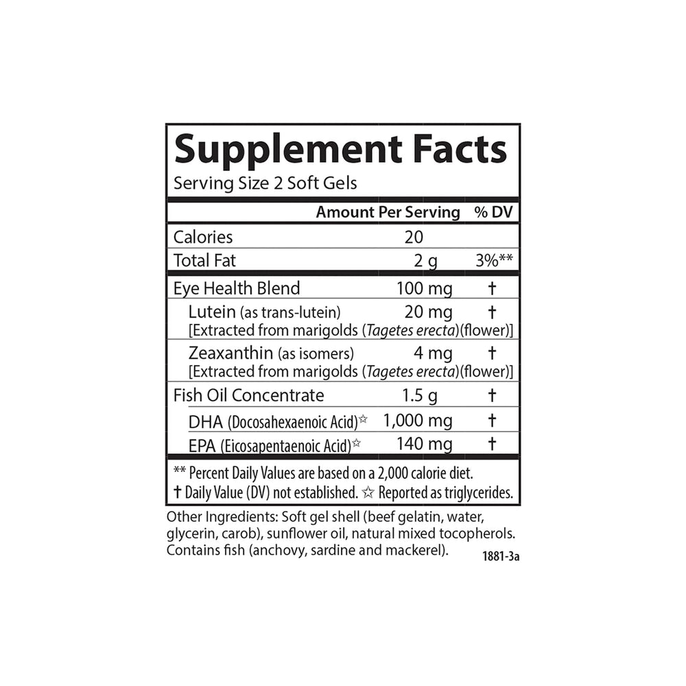 Carlson Super DHA Plus Lutein ingredients panel emphasizes 1,000 mg DHA.
