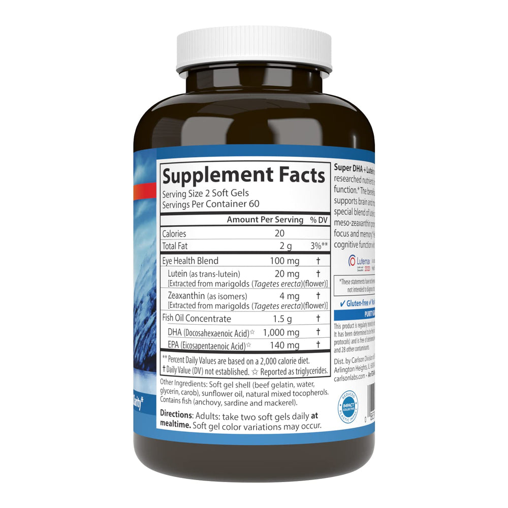 Closeup of Carlson label detailing 1000 mg DHA and 20 mg lutein.