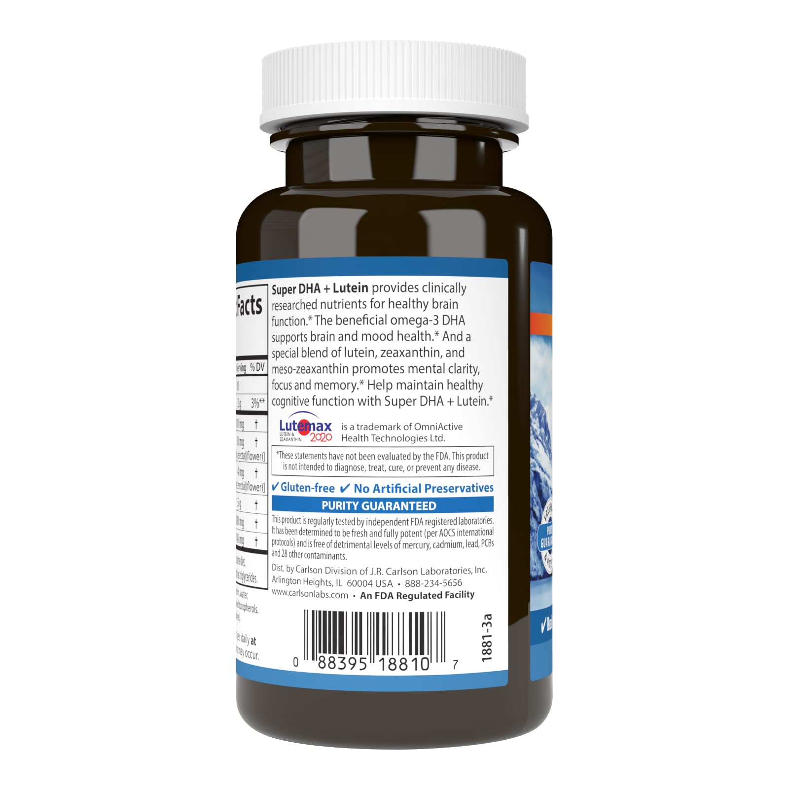 Carlson Super DHA Plus Lutein label front showcasing Lutemax 2021 and purity.