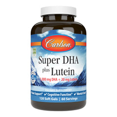 Carlson Super DHA Plus Lutein softgels bottle for daily eye and brain wellness.