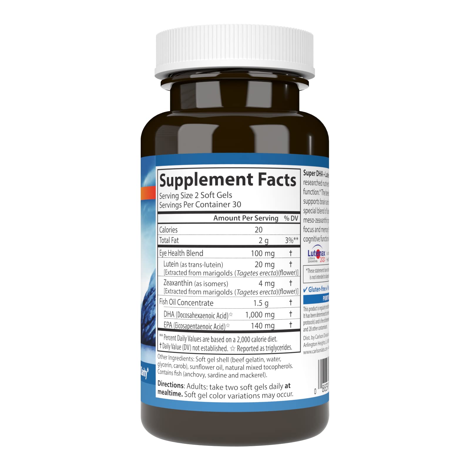 Carlson Super DHA Plus Lutein softgels closeup, highlighting capsules for brain and eye support.