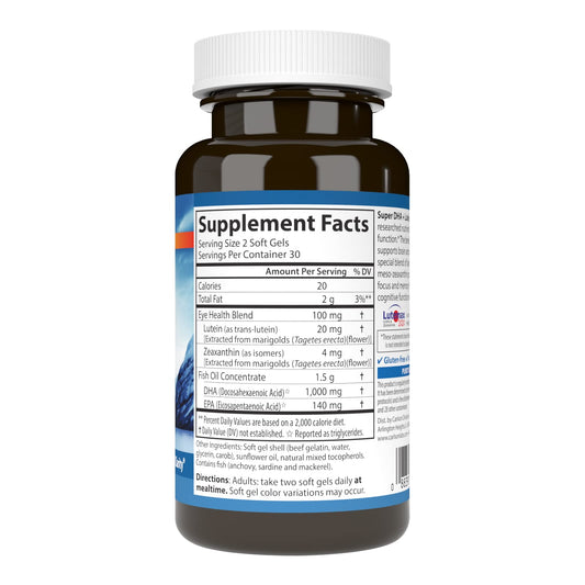 Carlson Super DHA Plus Lutein softgels closeup, highlighting capsules for brain and eye support.