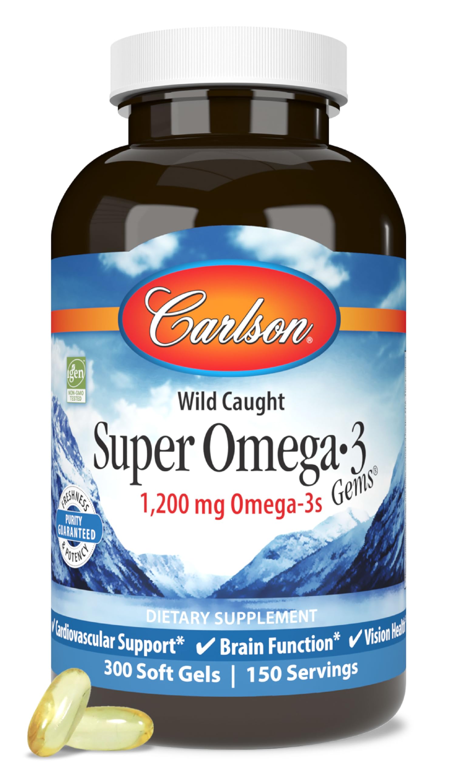Carlson Super Omega-3 Gems bottle close-up showing purity and freshness