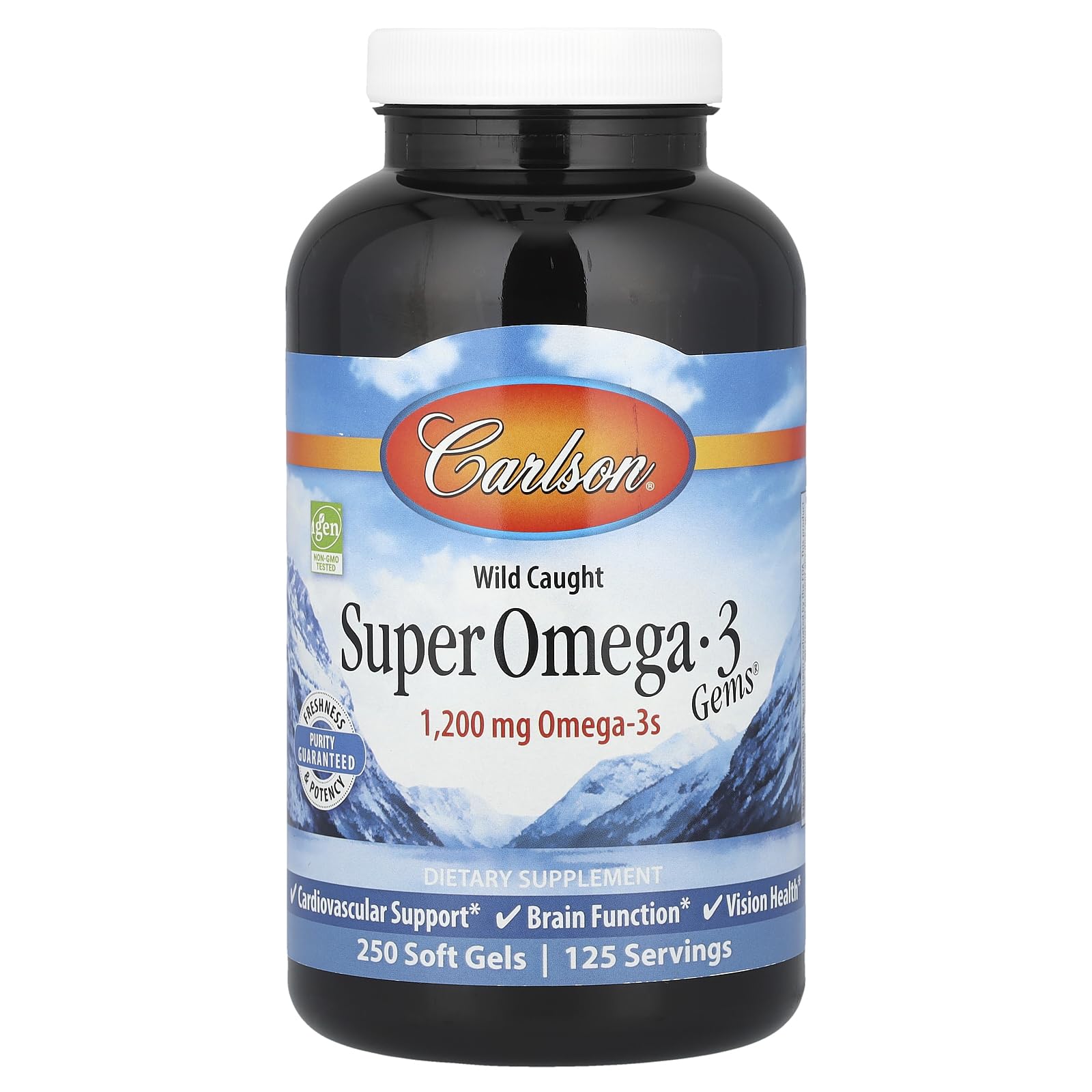 Carlson Super Omega-3 Gems bottle front, ready for daily wellness routine.