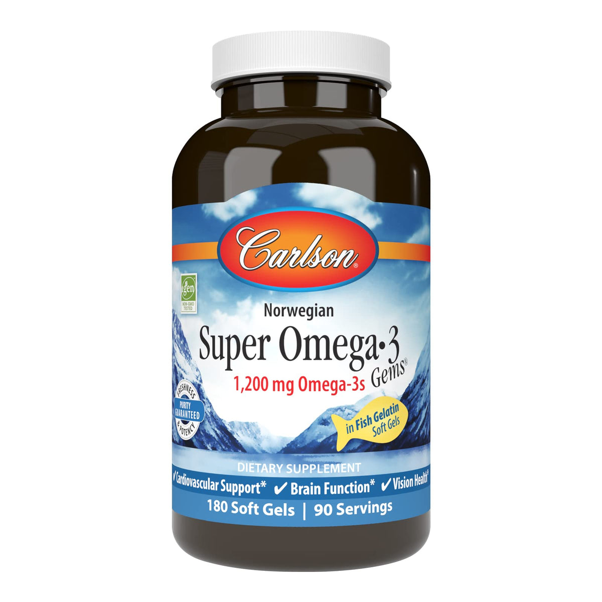 Carlson Super Omega-3 Gems bottle with soft gels for daily cardiovascular and brain health support